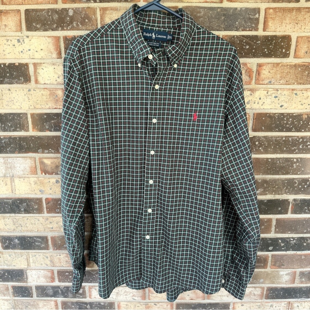 Ralph Lauren Cotton Custom‎ Fit Long Sleeve Button Down Shirt Hunter Green Red